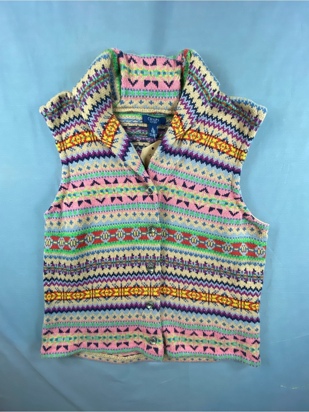 Chaps Multicolor Fair Isle Knit Vest - Pink/Green Accent
